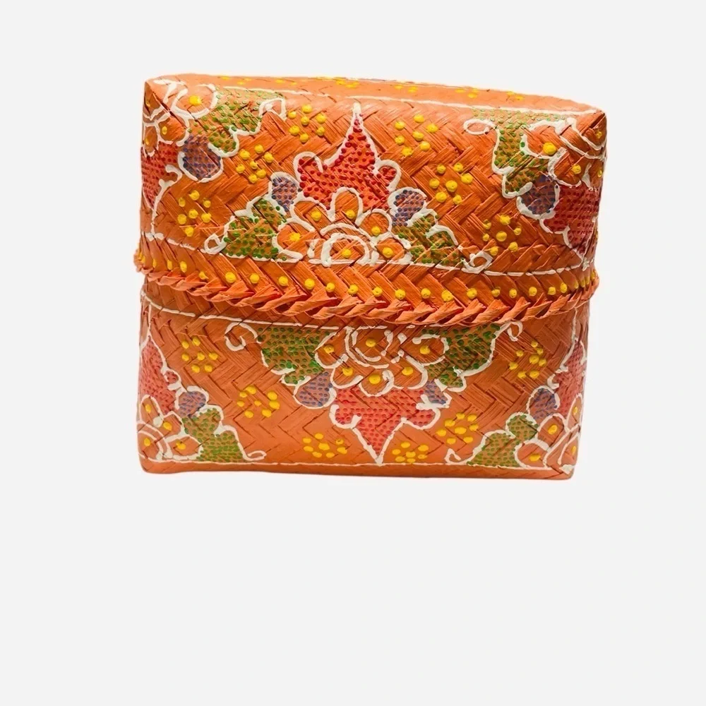 Vintage Indonesian Orange Hand Painted Woven Offering Basket with Lid 7”